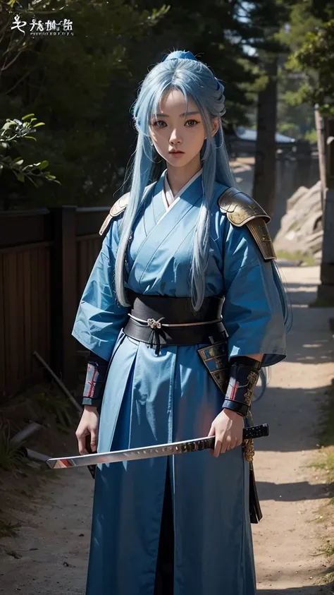 A young female samurai with long blue hair, blue eyes, wearing blue Japanese armor, and holding a katana. She stands on a battlefield. The scene is photo realistic, 8k quality, masterpiece, High Resolution, High Quality.