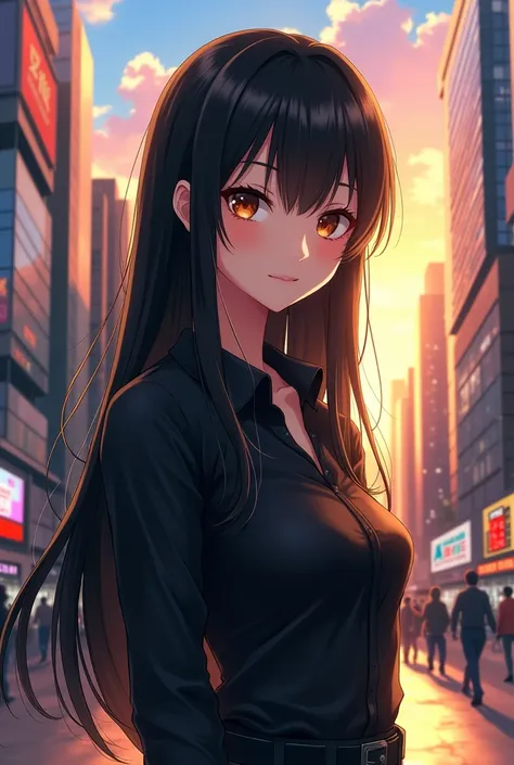 A very beautiful manga girl wearing a black shirt and black hair and the background is full of buildings and there is a little bit of beautiful light.