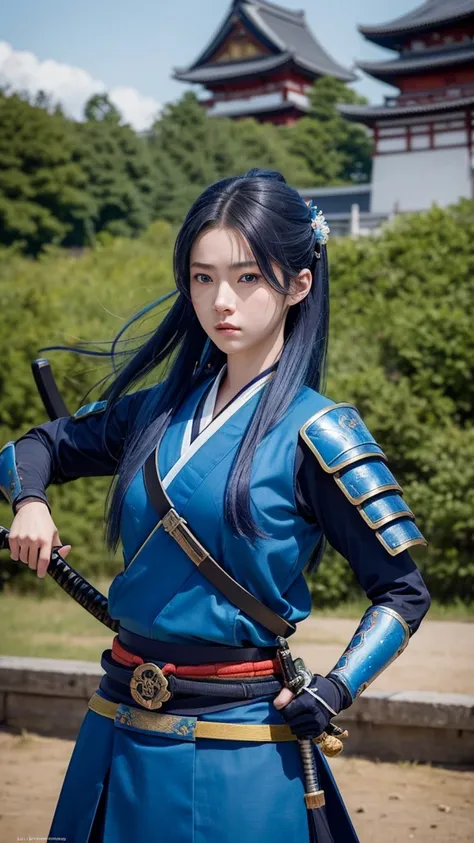 A young female samurai with long blue hair, blue eyes, wearing blue Japanese armor, and holding a katana. She stands on a battlefield. The scene is photo realistic, 8k quality, masterpiece, High Resolution, High Quality.