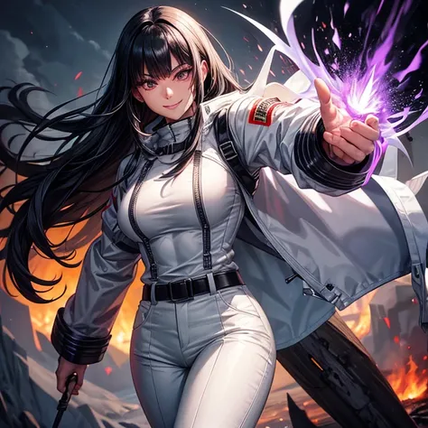 Muscular woman, alone, a white windbreaker, White trousers, Gray Hair, Black hair, A woman with Japanese features, Dragon Horn, purple military boots, Wicked Smile, Dark brown eyes, Fantastic landscape, walking through a fire of darkness.