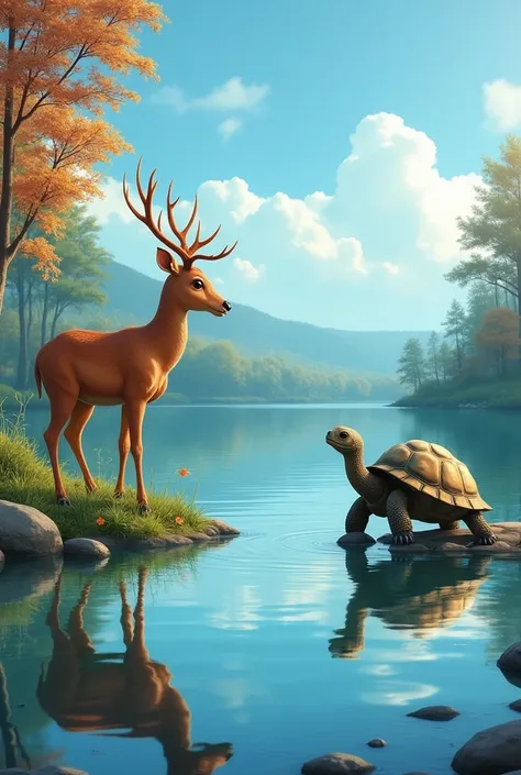 "The deer arrives at the edge of a tranquil lake, panting and scared. The tortoise is by the water, looking up at the deer with concern. The lake is calm, with clear water reflecting the surrounding trees and sky. The tortoise is suggesting a plan, and the...