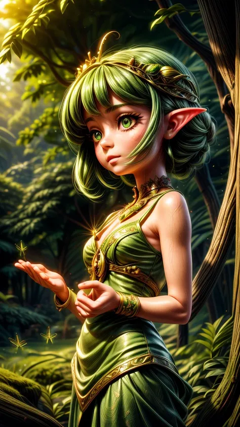 1girl, beautiful girl, grasshopper insect hybrid, fantasy creature, detailed insect eyes,detailed insect antennae, pointed ears, long green hair, flowing dress, intricate leaf-like patterns, sunlit forest, lush green foliage, warm natural lighting, detaile...