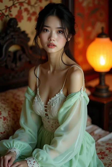 A woman who is beautiful and her eyes coular was black and white and she wearing Chinese traditional night dress and she sitting in her bed which is Chinese historical bed can you make her dress was white and green which is silly 