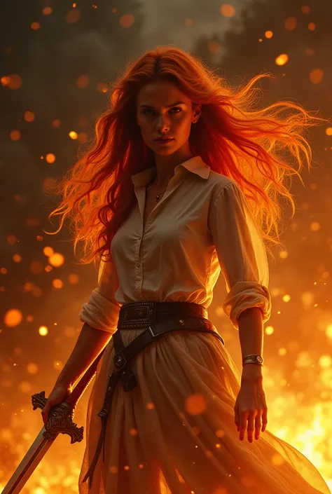 1girl, Red poetry, flaming eye, sword, holding sword, Flames, Burning houses, glowing, Side lighting, Wall paper