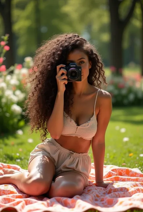 A brunette girl with curly hair and big breasts sits with her legs stretched out, taking a realistic photo