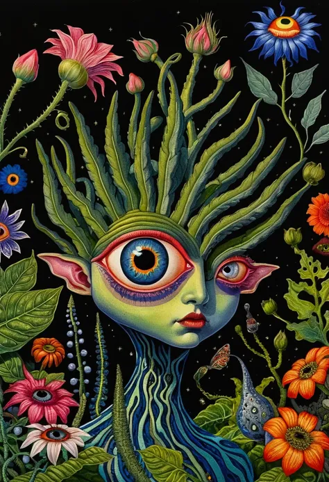 a painting，a flower with big eyes in the painting，surrounded by plants, psychedelic surrealist art, the holy grail of the eyes o...