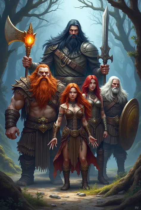 A group of six members, including;
A dwarf, red-haired and wielding an axe..
A female sorceress with brown hair carrying a staff with an orange orb.
A strong, tall man with triton features, black hair and beard, wielding a long sword.
A girl with red hair ...