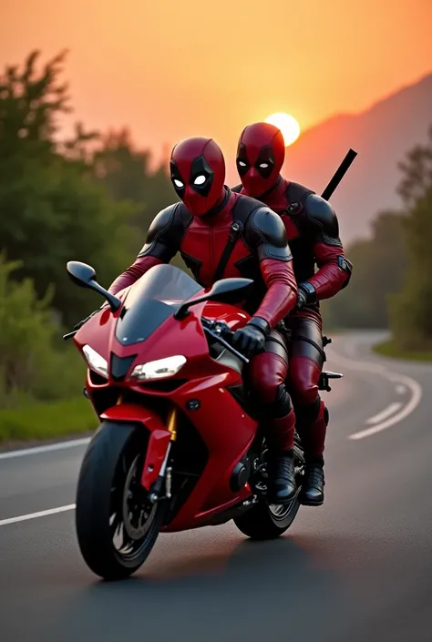 A man and woman dressed as Deadpool on a sportbike.