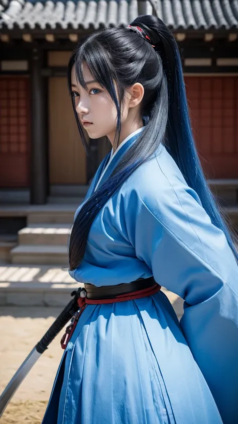 A young female samurai with long blue hair, blue eyes, wearing blue Japanese armor, and holding a katana. She stands on a battlefield. The scene is photo realistic, 8k quality, masterpiece, High Resolution, High Quality.