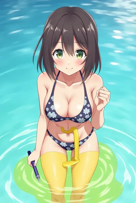 Anime, girl, girl in a swimsuit, girl in a swimsuit with a tube that is inserted into the pussy, pissing, pissing herself, pissing with yellow urine, pissing into a tube that is inserted into the pussy, yellow urine flows out of a tube that is inserted int...