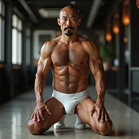 40 years old，Hidetoshi Nakata，（Kogoro Mori 1.3），Oriental face，whole body，Lean，muscle，office，Kneeling，black，foot，White socks，Baldhead ，transparent，Thick body hair，underwear，Topless，Densely hairy，Fortitude，HD，With a mustache