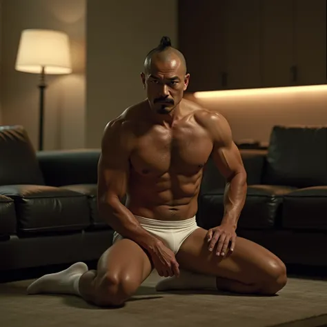 40 years old，Hidetoshi Nakata，（Kogoro Mori 1.3），Oriental face，whole body，Lean，muscle，office，Kneeling，black，foot，White socks，Baldhead ，transparent，Thick body hair，underwear，Topless，Densely hairy，Fortitude，HD，With a mustache