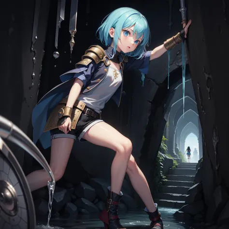 最high quality、high quality、Simple cloth clothing、１０Year old girl adventurer、Climb the maze stairs、Shorts、Equipped with a dagger and a shield、In a dark maze、The body is being swallowed by slime