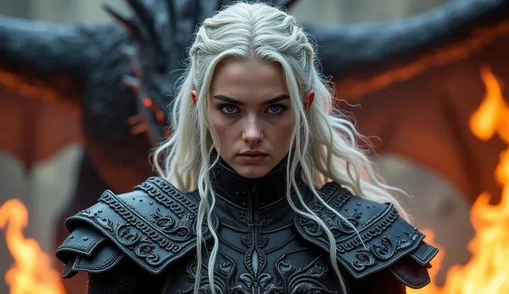 (Close-up of a better masterpiece: 1.5) 0.9], (Targaryen warrior: 1.2) (Messy silver hair: 1.1) (purple eyes: 1.2) (black dragon armor : 1.0) (a furious dragon in the background: 1.0) (A radiant glow: 1.1) (fire particle effects: 0.9)