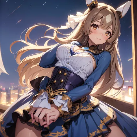 Satono Diamond、Uma Musume、A beautiful girl with beautiful breasts wearing a gorgeous blue long-sleeved dress that covers her hands.。A large white ribbon on the back of the head。On top of a hill with a night view。Hide your hands in your sleeves。Brown long h...