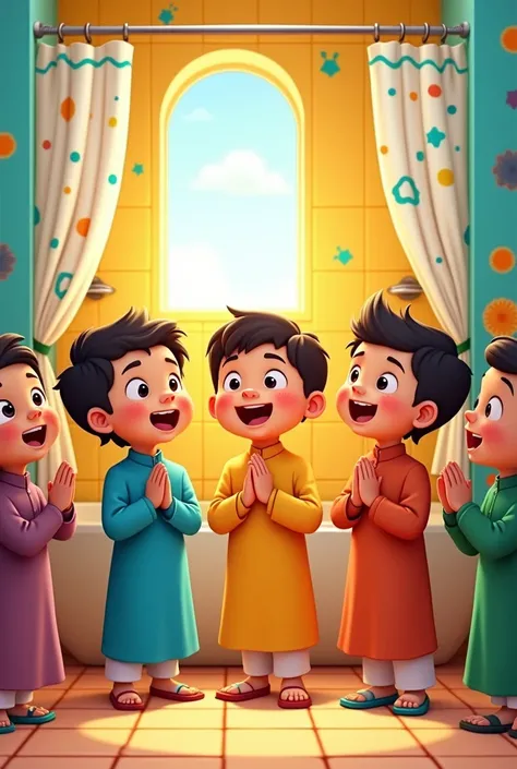 Muslim boys cartoon make supplication in the bathroom