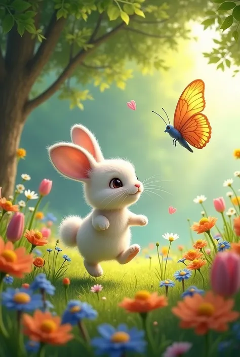 A picture of Rabbit and butterfly flying together, with beautiful flowers and trees surrounding them.