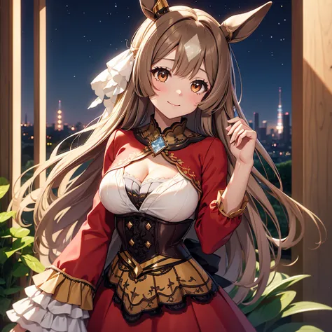 Satono Diamond、Uma Musume、A beautiful girl with beautiful breasts wearing a long-sleeved red dress so luxurious that it hides her hands.。A large white ribbon on the back of the head。On top of a hill with a night view。Hide your hands in your sleeves。Brown l...