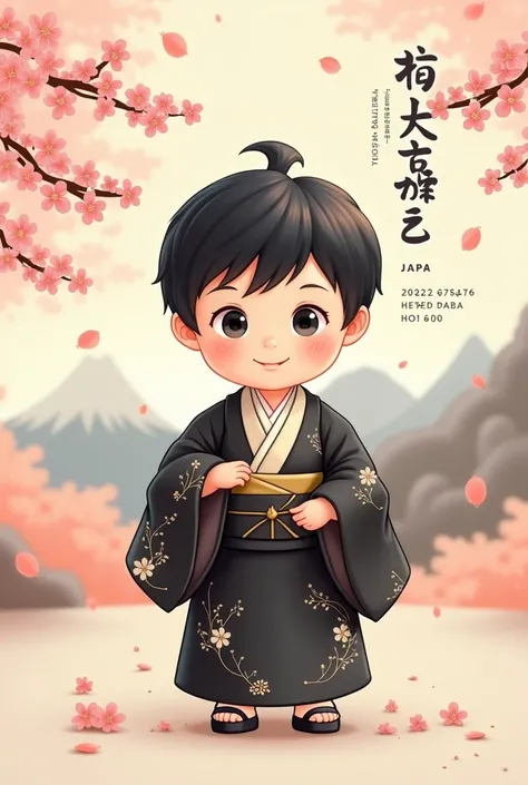 Create a baby boy 1st birthday invitation image, whose theme is about Japan, put things that refer to Japan. In the invitation, create a drawing of a Japanese baby boy with straight black hair wearing a beautiful black and beige Kimono, put him wearing a l...