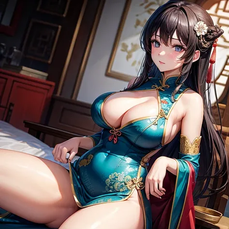 Alluring thighs　A woman wearing a Chinese dress　Large Breasts　Chest visible from the side