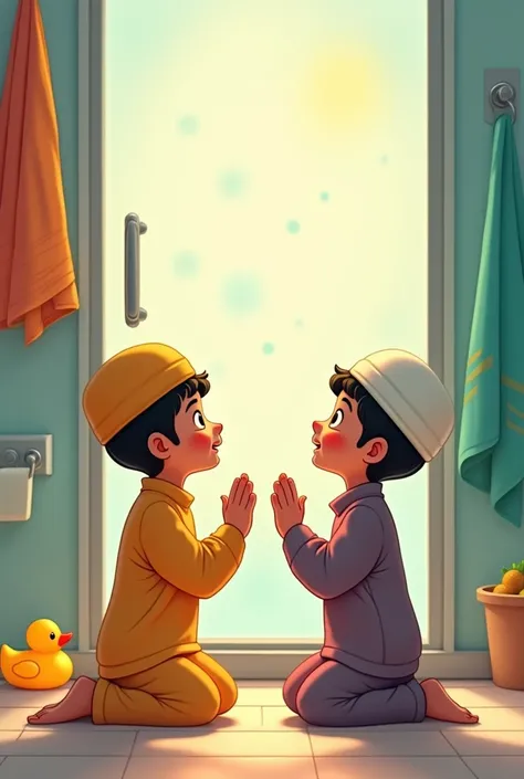 Muslim boys cartoon make prayer infront shower door