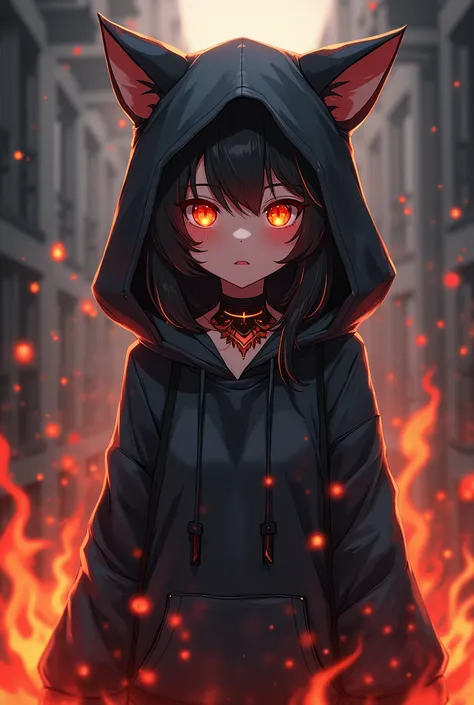 the anime, Black Cat, Demon, fire, eyes, hood, hoodie, hoodie, hoodie, hoodie, hoodie, hoodie, hood, Dark Fox Mage, anime cat girl, beautiful anime catgirl, cute anime catgirl, very beautiful anime cat girl, demon cat, demon anime girl, detailed fanart, ne...