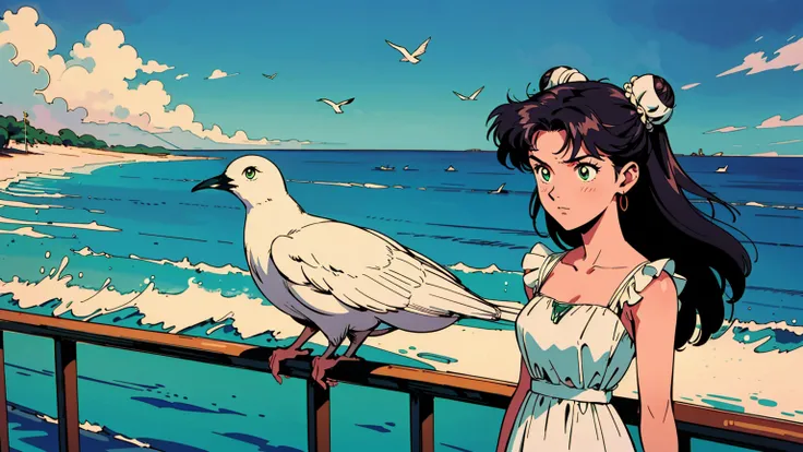 Best image quality, 90s style anime, 24-year-old woman, Misato Katsuragi Style, Two high buns,On the boat,A white dress, bright green eyes,  Busy Street, Beautiful sea,Beautiful blue sky,A white bird is flying