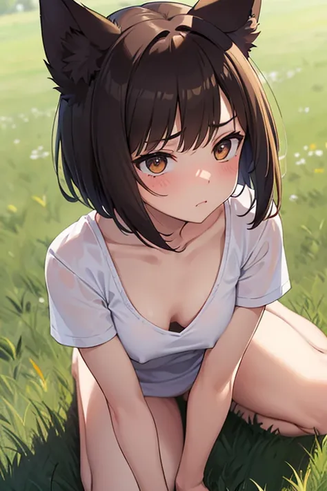  NSFW　One Girl　cute　Accentuate your buttocks　Petite　breasts are slightly larger　The legs are very thin　Wolf ears　Brown short hair　T-Shirts　Thong　On all fours　(((The background is inside the grass.)))　Embarrassed face