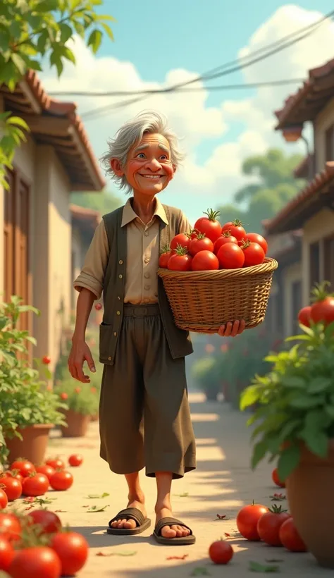 Uncle Tu is an old man, skinny with gray hair and tanned skin. He usually wears simple clothes like old shirts, long pants and sandals. Mr. Tu brought tomatoes to everyone in the neighborhood. 3D Animation