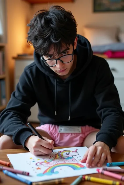 Picture of universitary guy sitting in the chair, with a visible diaper.... guy is angry. Guy is Drawing a cute draw on a sheet with crayons. Looking at the camera. The diaper is: thin side elastic and girly pink color, the middle part of the diaper is whi...