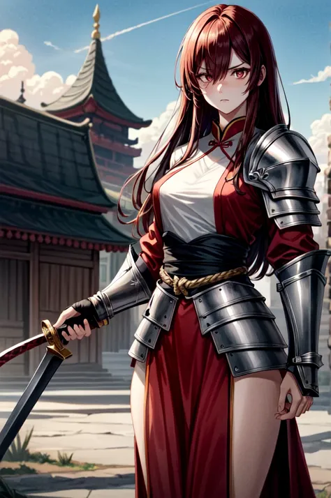 holding sword wearing armor１People Women, holding big sword, balck Hanfu, wearring heavy armor, Tight waist, hair over  eyes, Intimidating Appearance, absurdly long hair, dark red hair, snake pupils, glaring, sad, An old Chinese castle in the background, f...