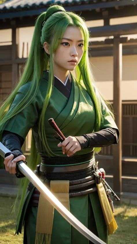 A young female samurai with long green hair, green eyes, wearing green Japanese armor, and holding a katana. She stands on a battlefield. The scene is photo realistic, 8k quality, masterpiece, High Resolution, High Quality.