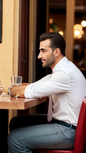 An Italian man with short hair focuses on the restaurant. 