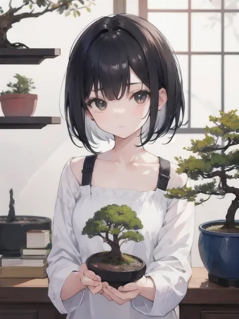 1 girl.  short black hair. looking at a bonsai.