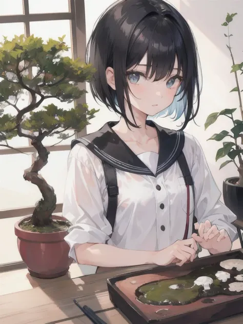 1 girl.  short black hair. looking at a bonsai.