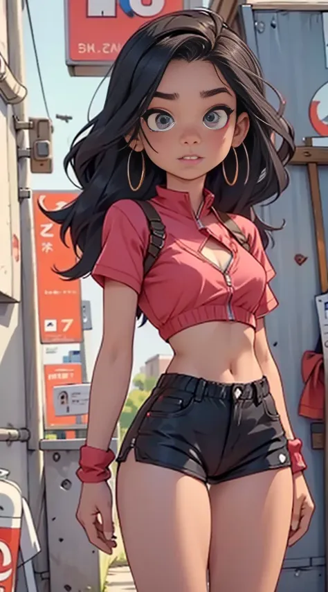 8K, 16K, Defined female body, thick thighs, detailed body parts, wearing only bra, tight shorts, open pose, very detailed, detailed eyes, round chest, beautiful makeup, leaning over, straight black hair, long hair, saying hi