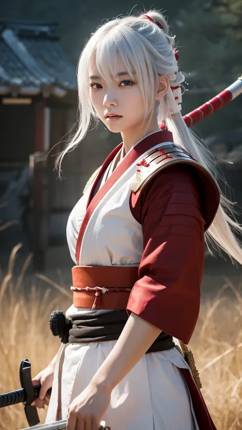 A young female samurai with medium-length white hair, red eyes, wearing white Japanese armor, and holding a katana. She stands on a battlefield. The scene is photo realistic, 8k quality, masterpiece, High Resolution, High Quality.