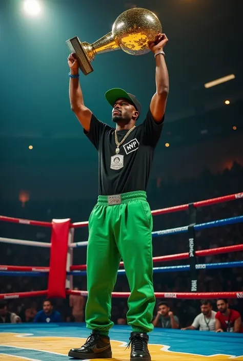 
no ringue , a rapper in a black shirt, green long pants and black sneakers and black cap .He is dark and he has no beard he has a mustache and has a silver sticker that says MVP. he is lifting the champion&#39;s trophy. in the ring it is written " BDA 10 ...