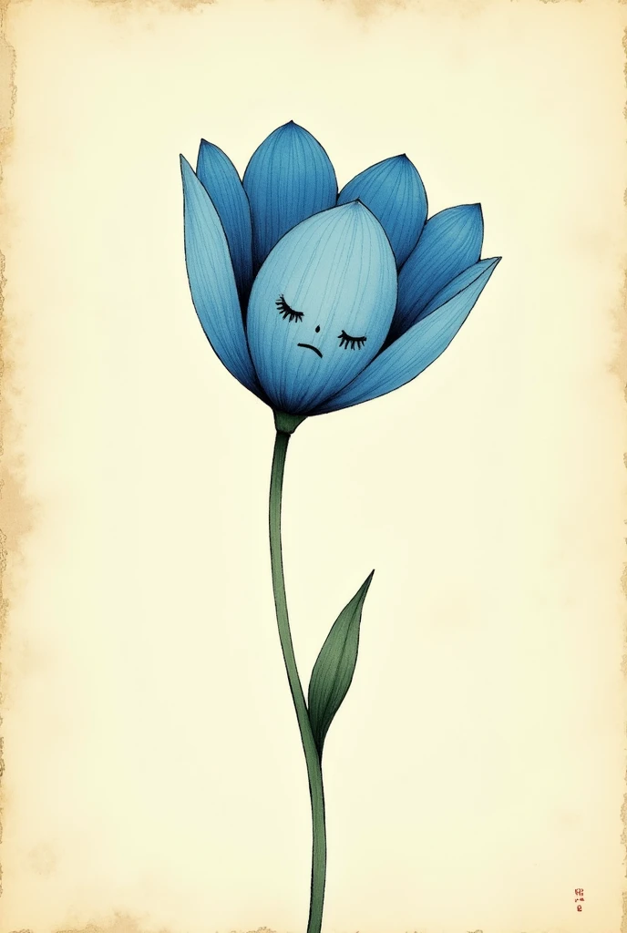 An illustration of a flower with blue petals ,with a sad and minimalist face,Vintage style illustration