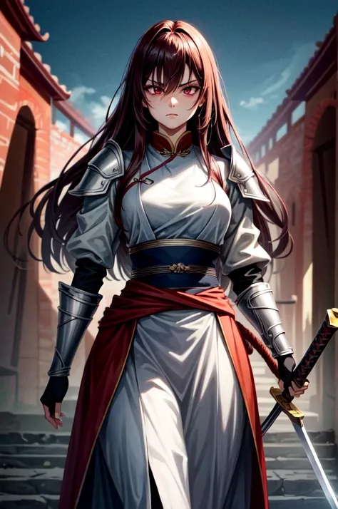 holding sword wearing armor１People Women, holding big sword, balck Hanfu, wearring heavy armor, Tight waist, hair over  eyes, Intimidating Appearance, absurdly long hair, dark red hair, snake pupils, glaring, sad, An old Chinese castle in the background, f...