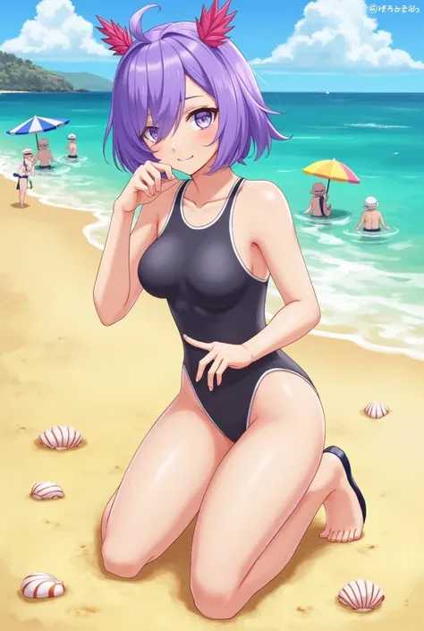 Keqing from Genshin impact in a one-piece swimsuit on the beach