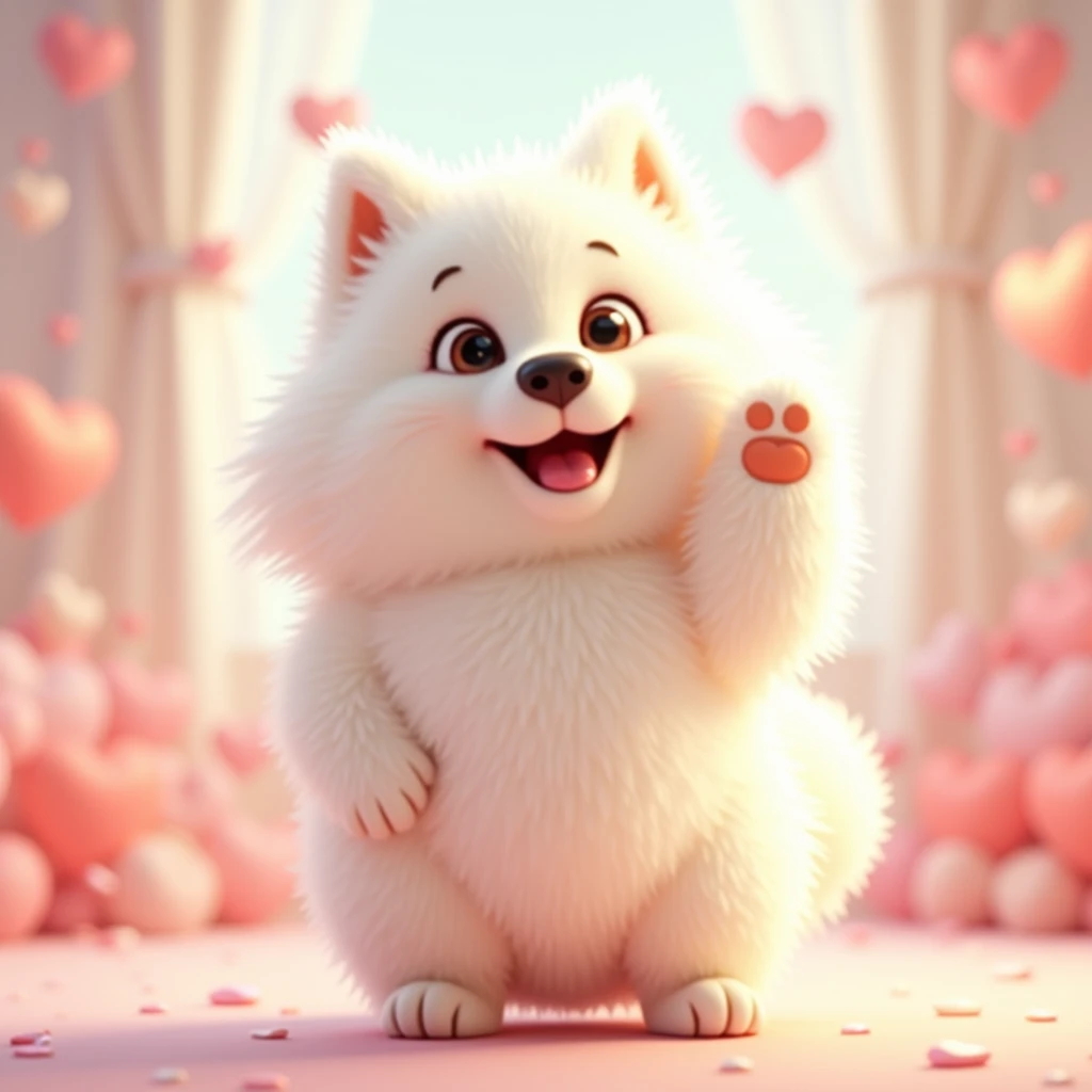 3D Animation、Samoyed、The eyes are heart shaped、Raising its front paw and facing forward