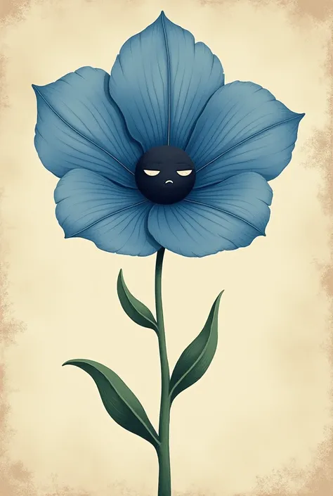 An illustration of a flower with blue petals ,with a sad and minimalist face,Vintage style illustration