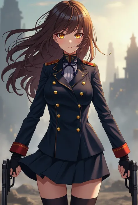 Beautiful anime girl in military uniform (not pants but a skirt) holding guns. Golden eyes, brown hair, pale skin, and cold expression 