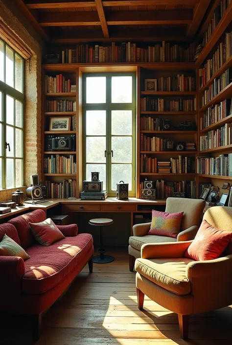 A room full of books and cameras