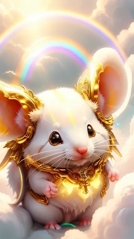 god々Cute mouse１animal、Rainbow aura of the mouse,Looking into the camera、Look at this、Background gold、Floating in the clouds