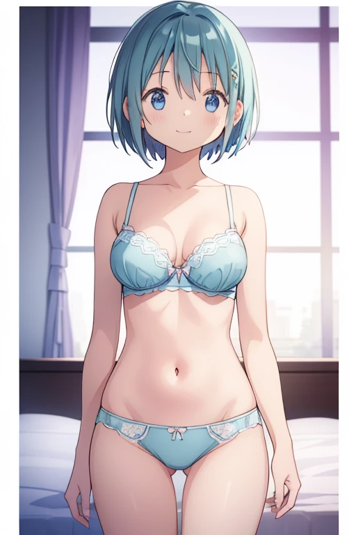 (high quality、masterpiece)、One Girl、アニメ、ultra hi resolution picture、Depth of written boundary、smile、cute、View your viewers、whole body、Miki Sayaka、Bedroom、bed、Big Breasts、Light blue bra、Light blue panties、Thin underwear、short hair