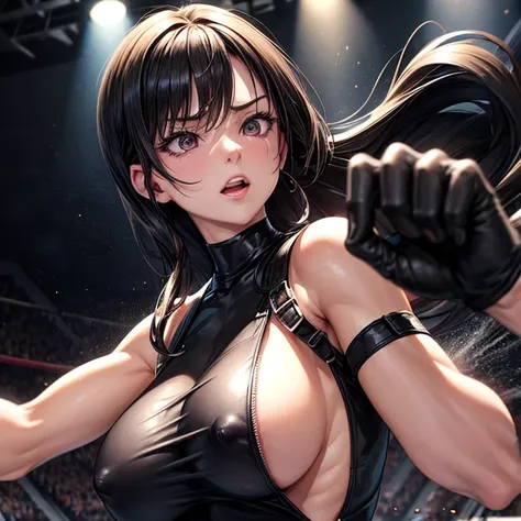 she is wearing black clothes,  Amazing high-cut bodysuit.A woman doing professional wrestling　Tifa Lockhart　Open Finger Gloves　Fight in the ring　Nipples are visible　Large Breasts　A large amount of squirting is blowing