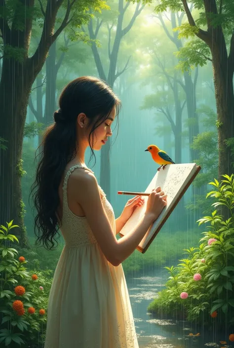 The woman drawing forest rain