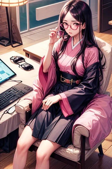 Japanese woman sitting on a chair，Glasses on his face, Sun Glasses, wear glasses, Urzan, woman wearing rose colored glasses, Money Lumrat, Wearing thin and big round glasses, wearing pink glasses, Wearing small round glasses, Portrait of Gis Blake Pink, bl...